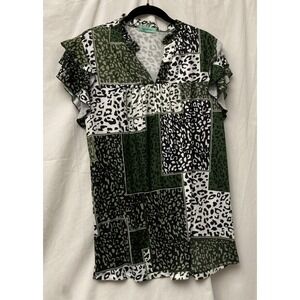 Sunshine‎ & Rodeos Women's Green Multi Windowpane Leopard Print Top - SZ L